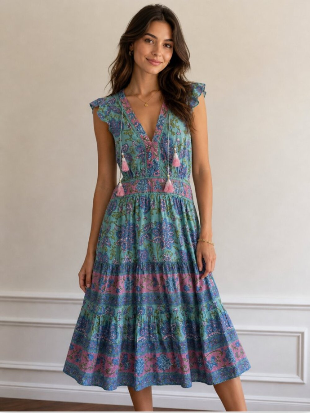 Bell Midi Silk Cotton multicolor Tassels Dress Size S